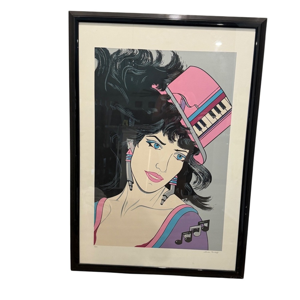 VTG Sharon Hookoff 80s Pop Art Framed Lithograph Piano Girl Music‎ Woman Print